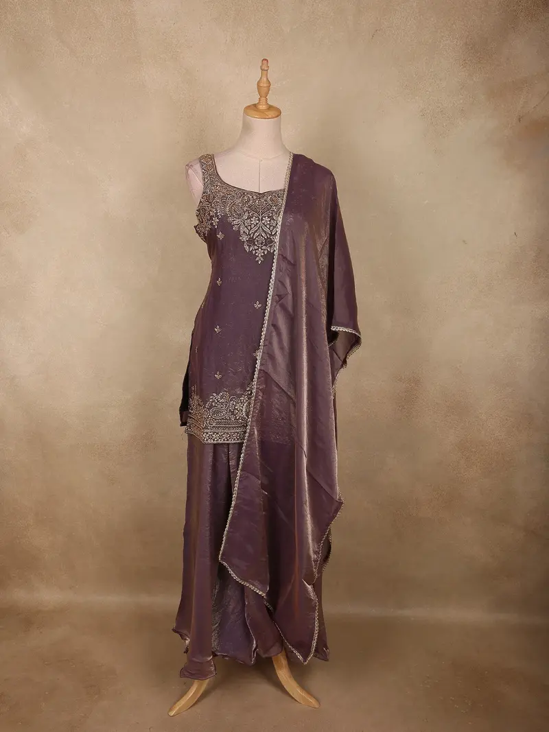 Deep Antique Mauve Sequins And Beads Embroidered Design Organza Palazzo Suit With Dupatta 1