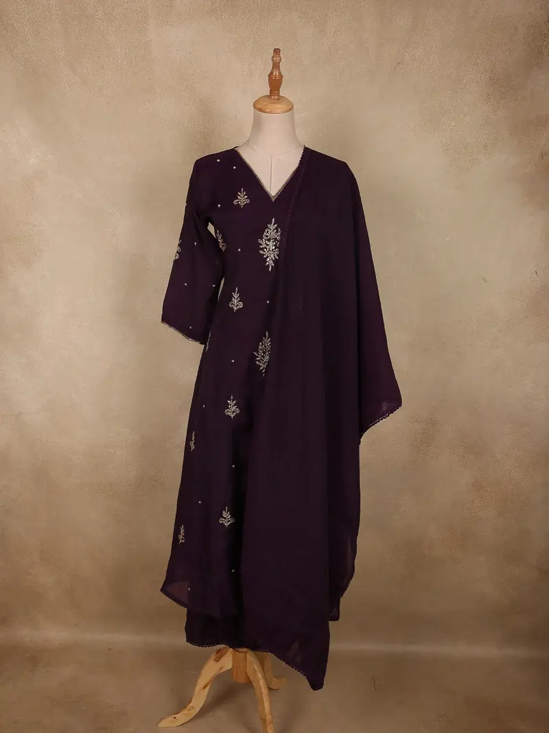 Deep Aubergine Purple Floral Thread Embroidered Design Georgette Salwar Suit With Dupatta 1
