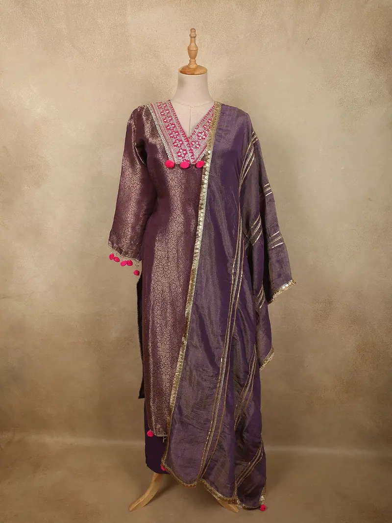 Deep Aubergine Purple Floral Zari Woven Design Banarasi Silk Salwar Suit 1