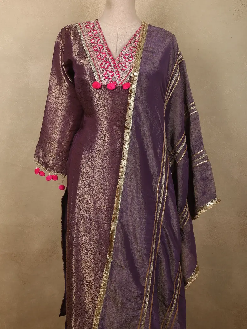 Deep Aubergine Purple Floral Zari Woven Design Banarasi Silk Salwar Suit 2