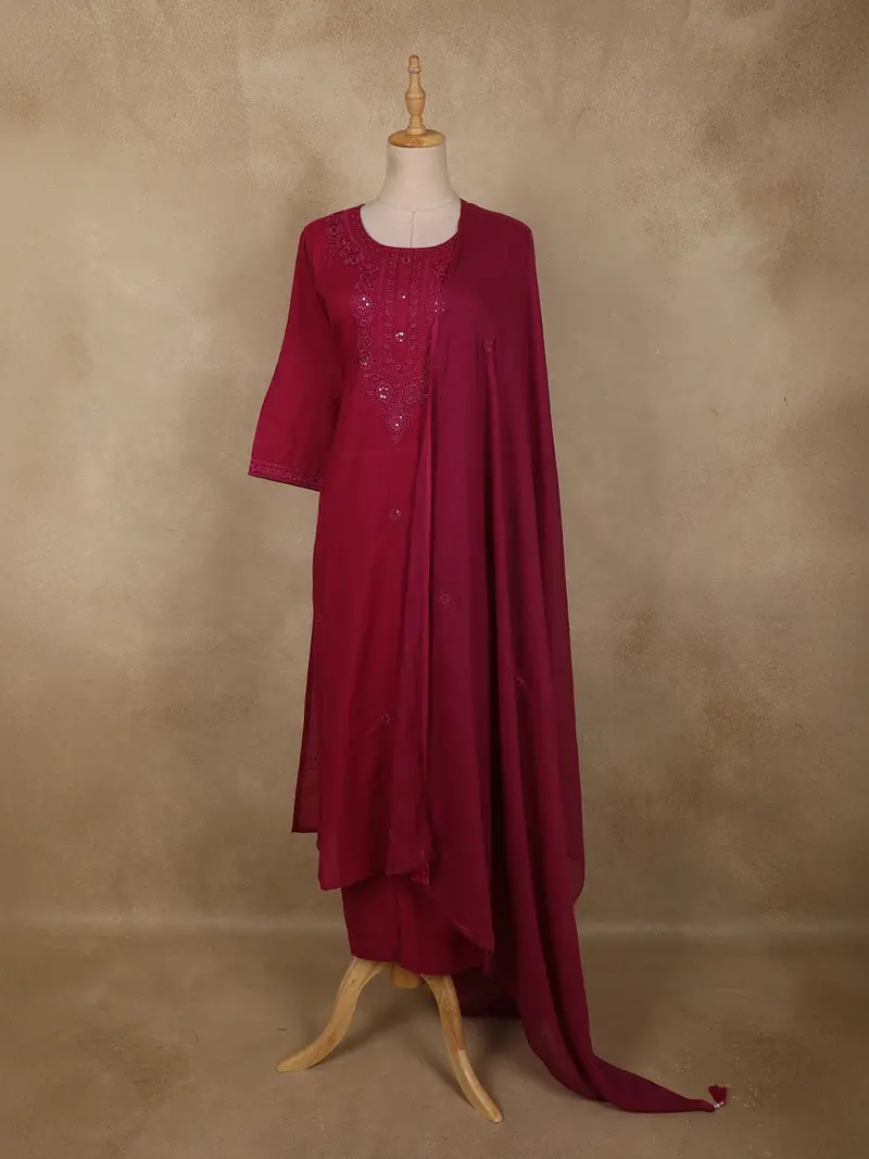 Deep Berry Wine Floral Thread Design Cotton Salwar Suit With Dupatta 1