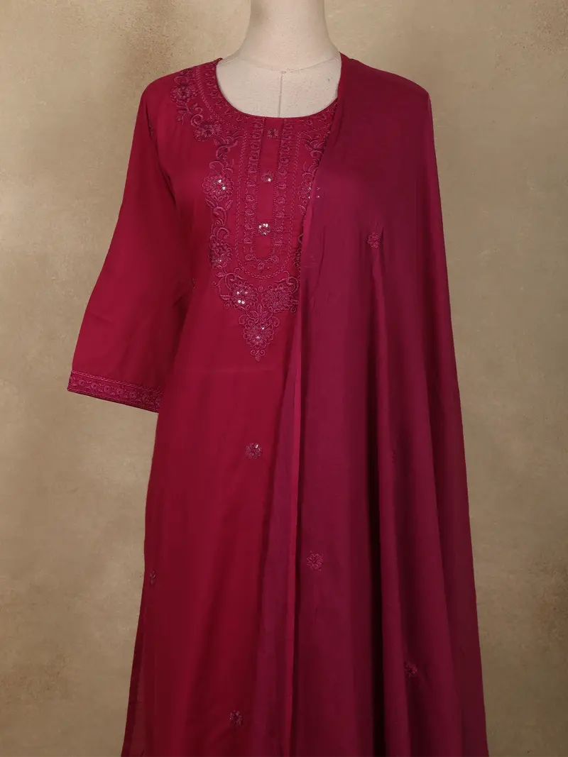Deep Berry Wine Floral Thread Design Cotton Salwar Suit With Dupatta 2