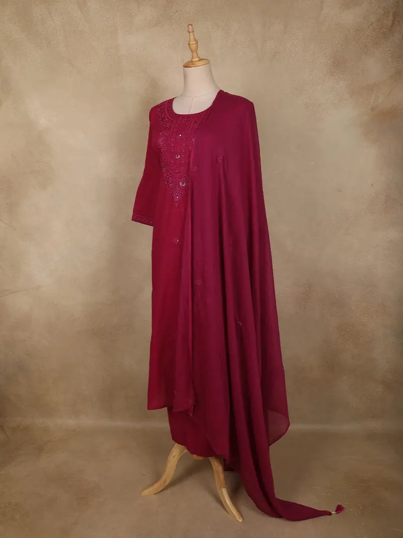 Deep Berry Wine Floral Thread Design Cotton Salwar Suit With Dupatta 3