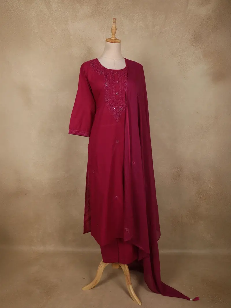 Deep Berry Wine Floral Thread Design Cotton Salwar Suit With Dupatta 4