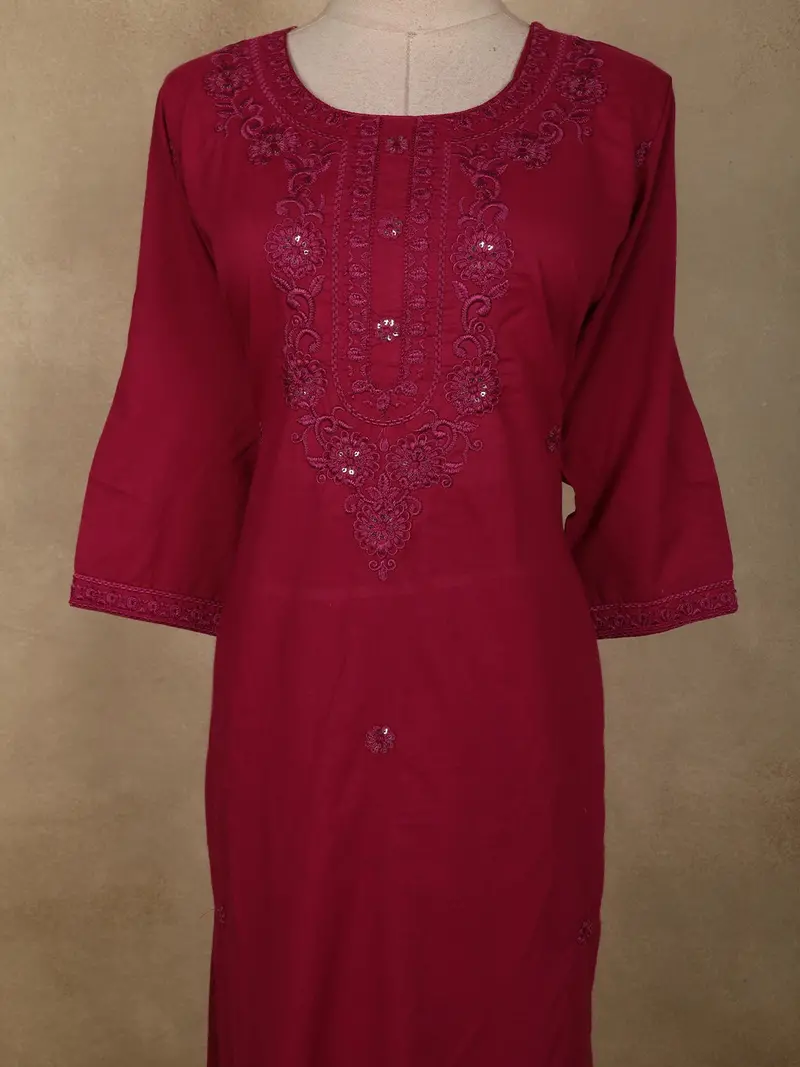 Deep Berry Wine Floral Thread Design Cotton Salwar Suit With Dupatta 5