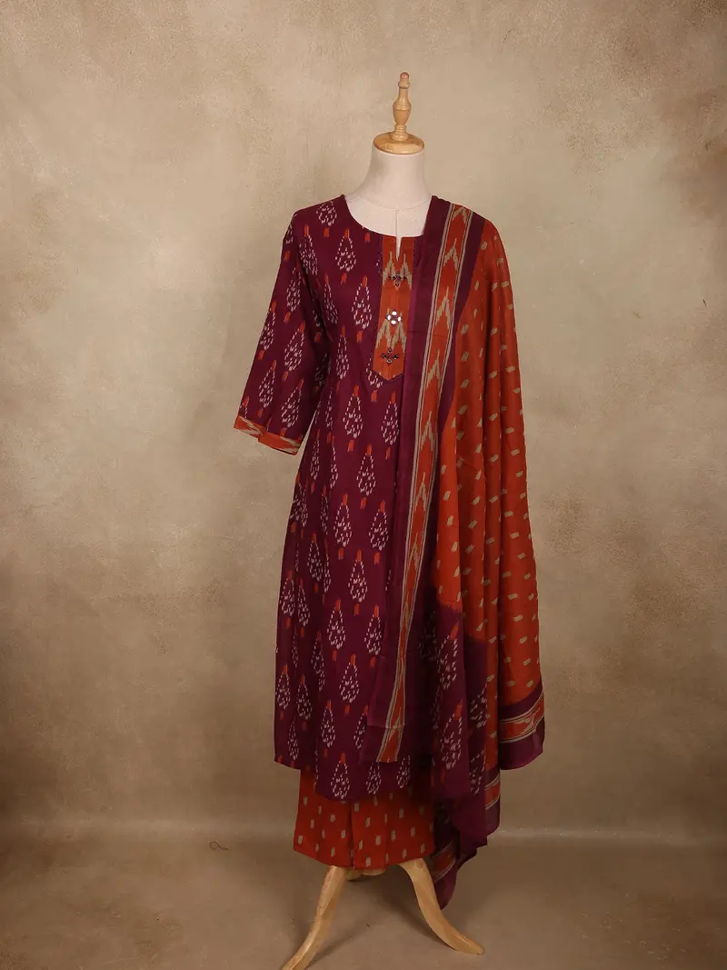 Deep Berry Wine Ikat Printed Design Cotton Salwar Suit With Dupatta 1