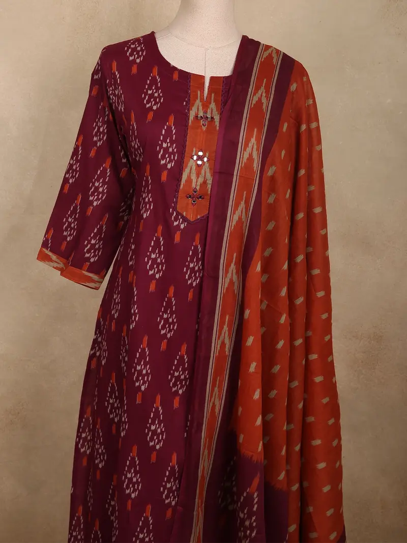 Deep Berry Wine Ikat Printed Design Cotton Salwar Suit With Dupatta 2