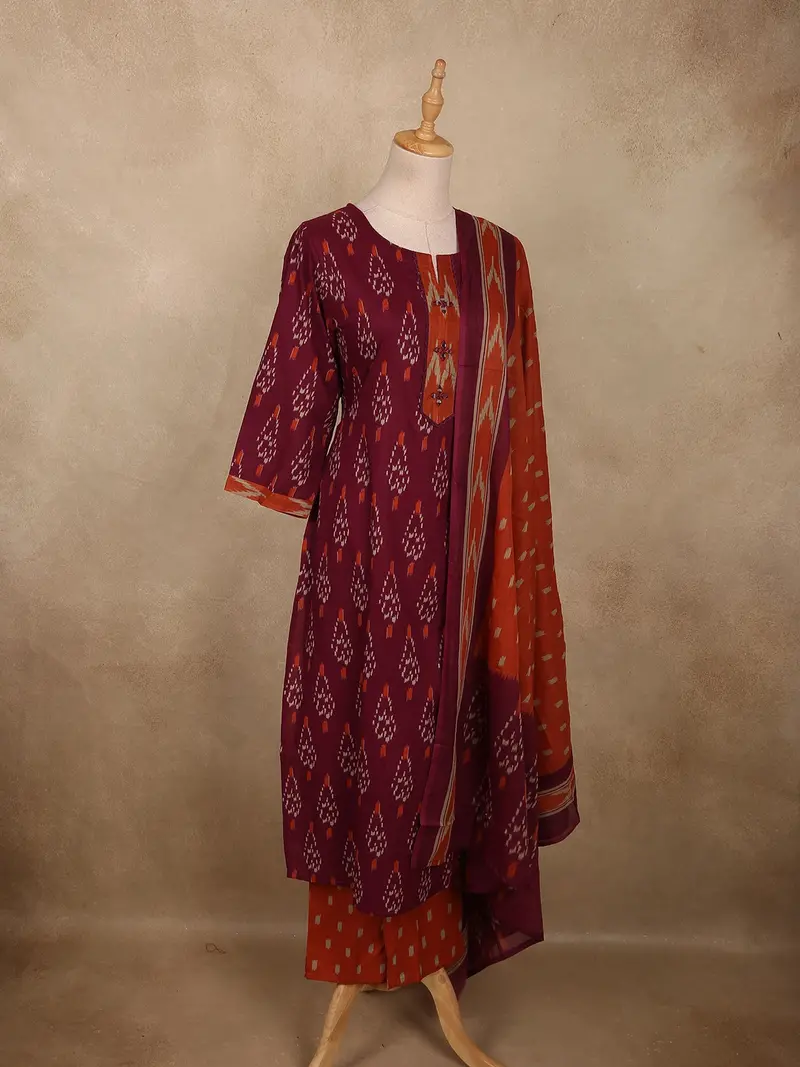 Deep Berry Wine Ikat Printed Design Cotton Salwar Suit With Dupatta 3