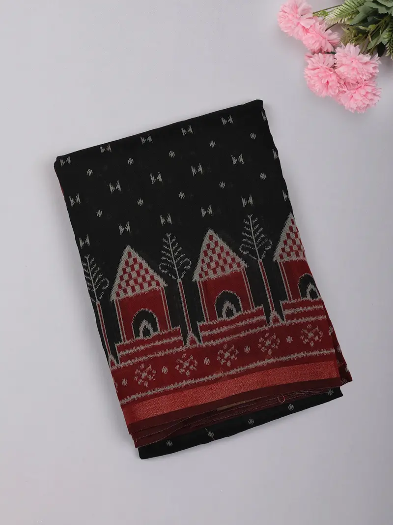 Deep Black Abstract Printed Design Mixed Cotton Saree With Contrast Border 1
