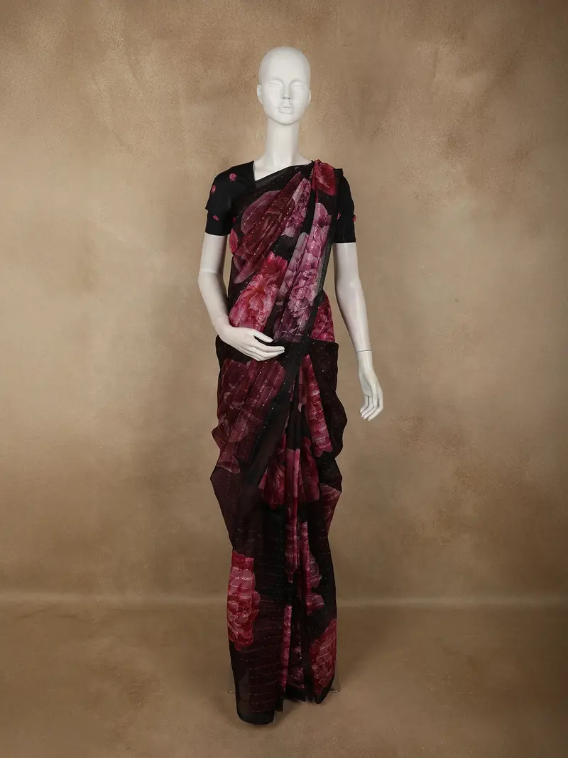 Deep Black Floral Printed Design Net Fancy Saree 1