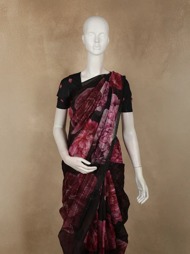 Deep Black Floral Printed Design Net Fancy Saree 2