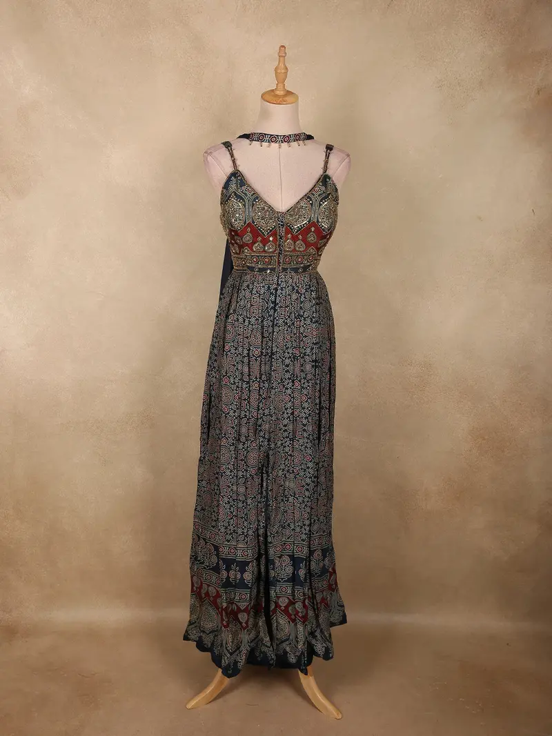 Deep Blue Ajrakh Printed Design Crepe Palazzo Suit With Dupatta 1