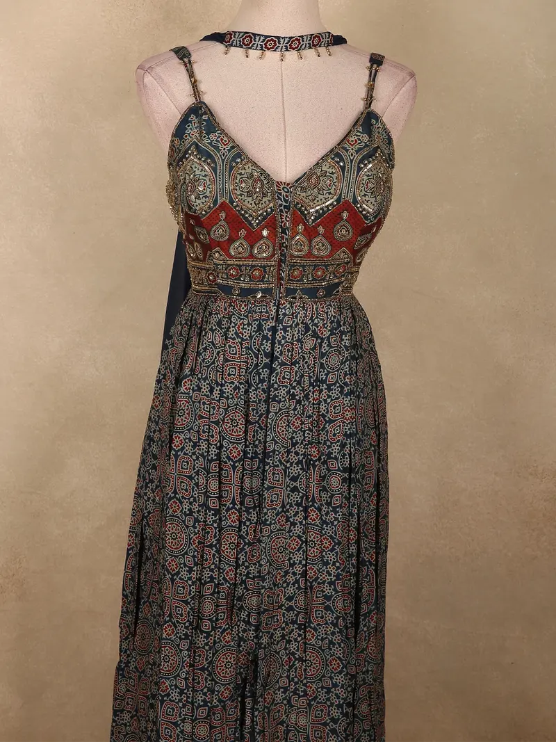 Deep Blue Ajrakh Printed Design Crepe Palazzo Suit With Dupatta 2