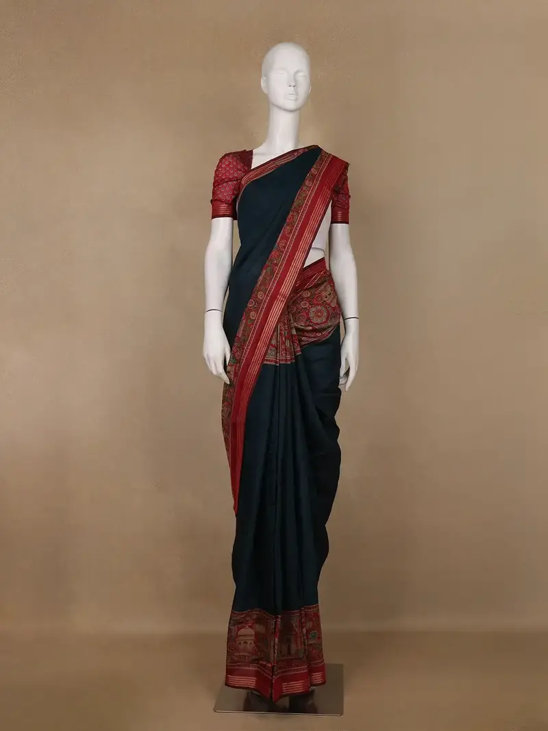 Deep Blue Solid Design Floral Motif Border Cotton Saree 1