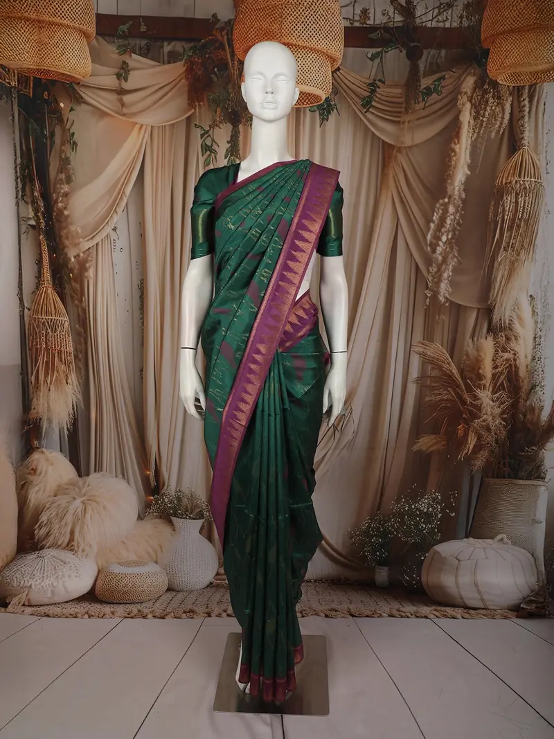 Deep Bottle Green Abstract Zari Woven Design Semi Tussar Saree With Contrast Temple Zari Border 1