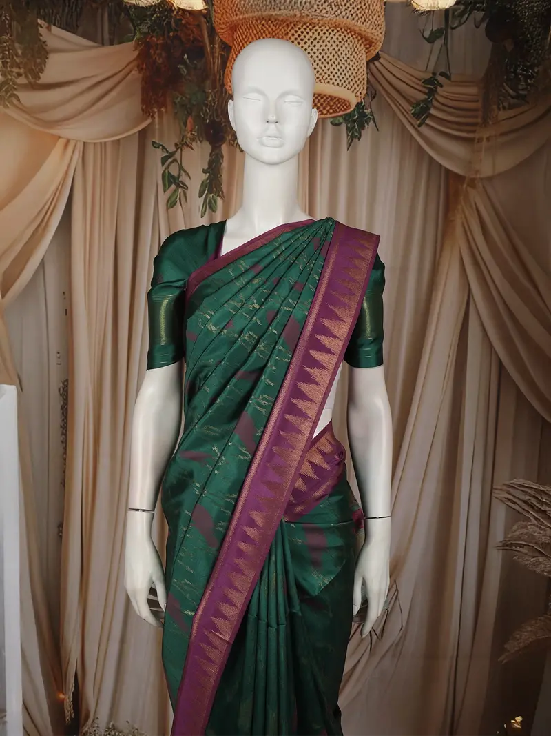 Deep Bottle Green Abstract Zari Woven Design Semi Tussar Saree With Contrast Temple Zari Border 2