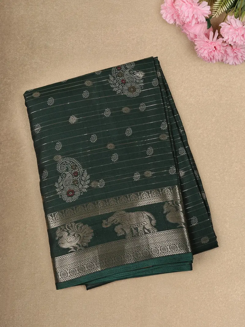 Deep Bottle Green Floral And Paisley Motif Woven Design Crepe Saree 1