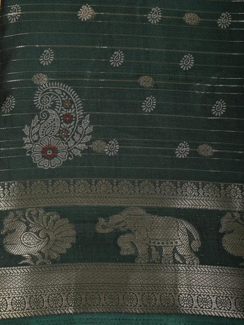 Deep Bottle Green Floral And Paisley Motif Woven Design Crepe Saree 2