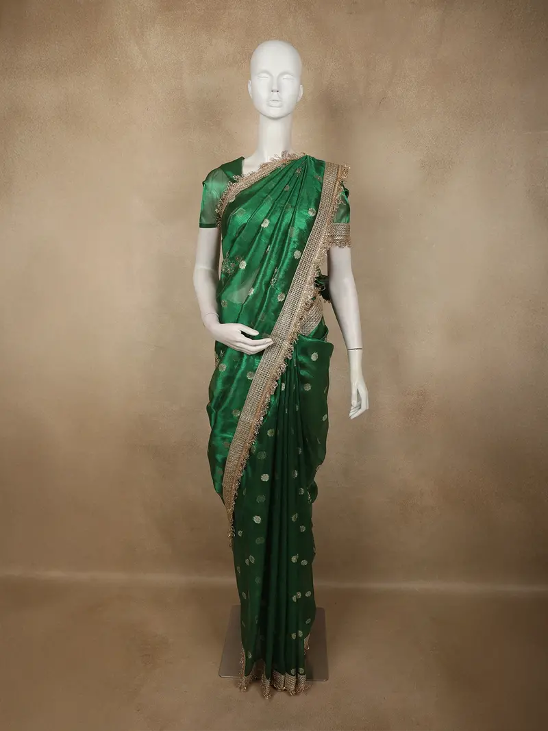 Deep Bottle Green Floral Butta Zari Woven Design Tissue Saree With Designer Lace Border 1