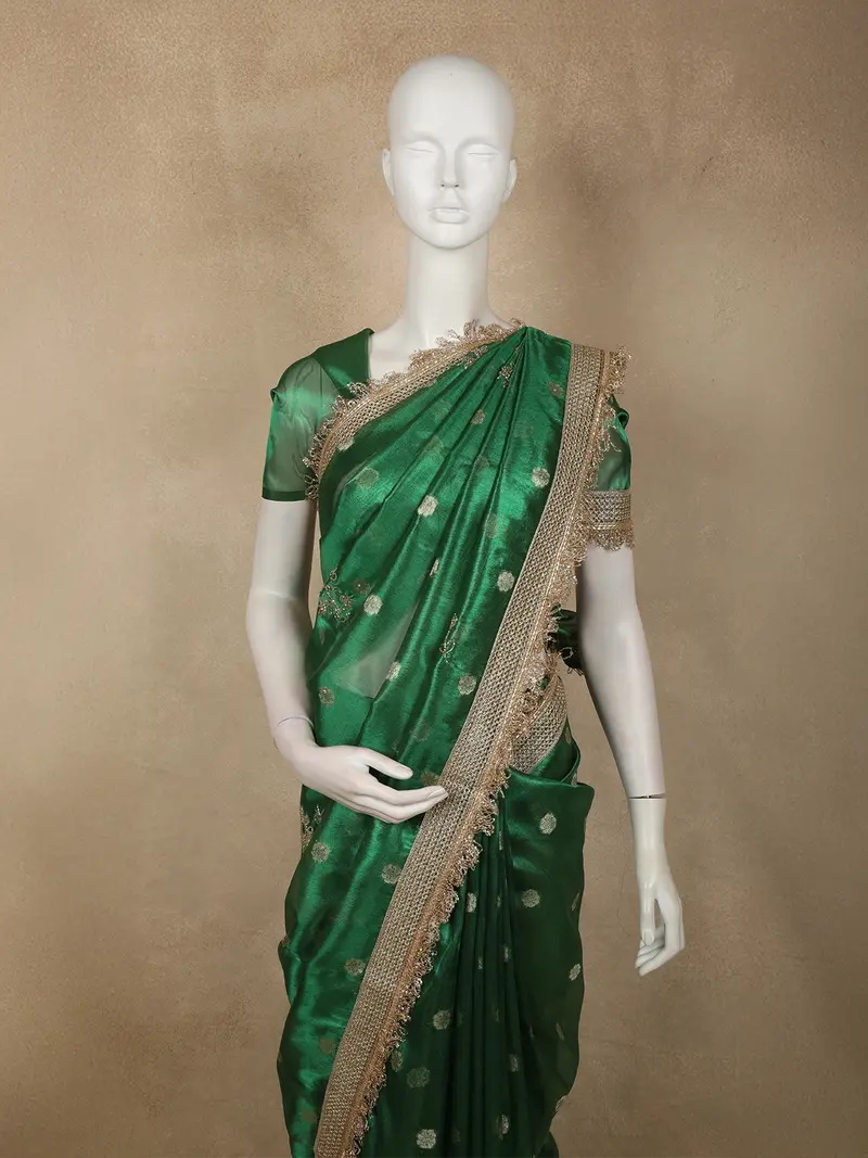Deep Bottle Green Floral Butta Zari Woven Design Tissue Saree With Designer Lace Border 2