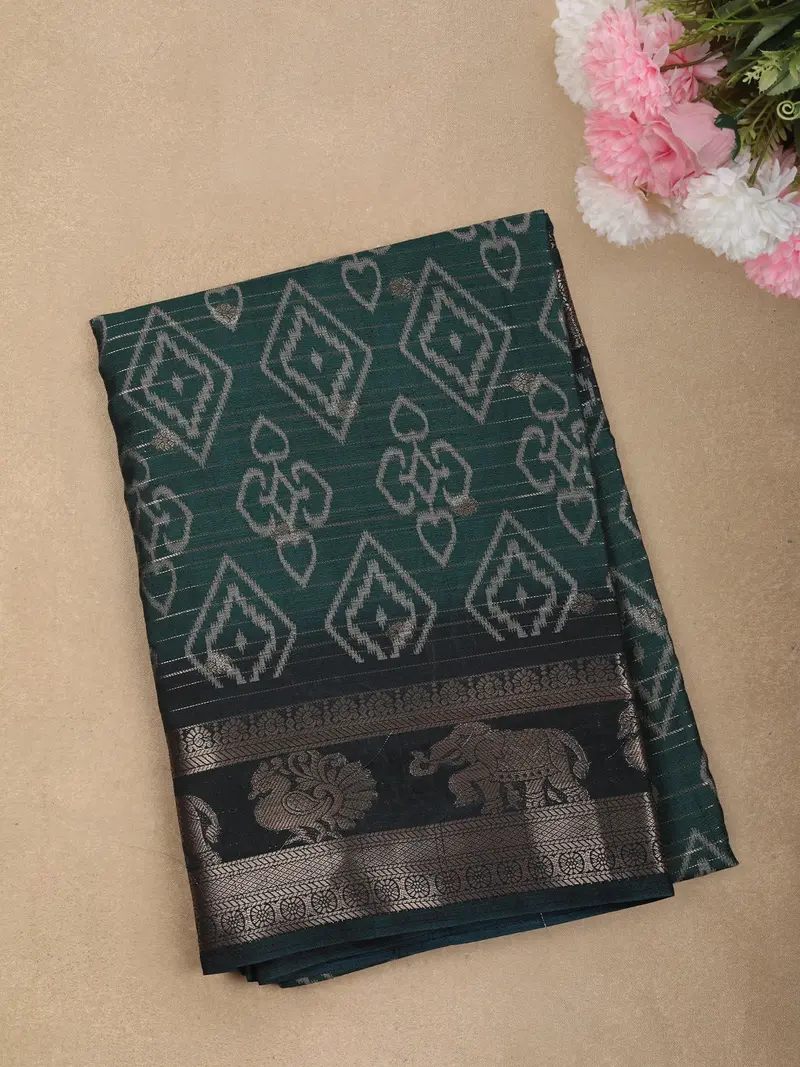 Deep Bottle Green Geometric Ikat-Inspired Design Crepe Saree With Ornamental Zari Woven Border 1