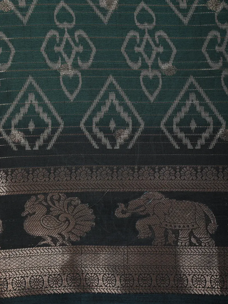 Deep Bottle Green Geometric Ikat-Inspired Design Crepe Saree With Ornamental Zari Woven Border 2