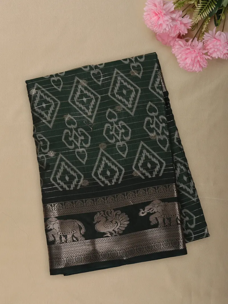 Deep Bottle Green Geometric Ikat-Inspired Design Mixed Cotton Saree With Ornamental Zari Woven Border 1
