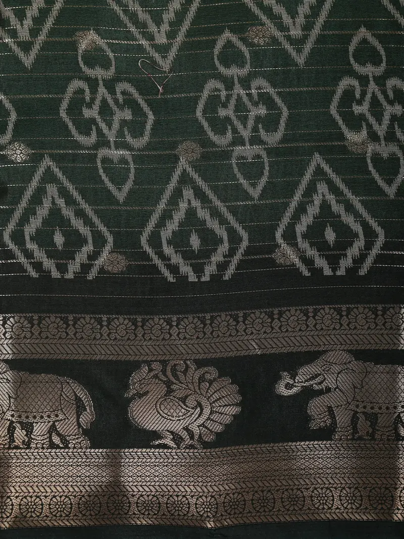 Deep Bottle Green Geometric Ikat-Inspired Design Mixed Cotton Saree With Ornamental Zari Woven Border 2