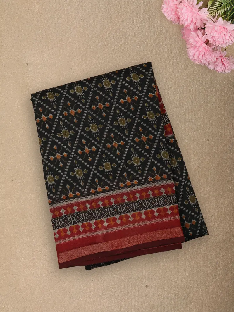 Deep Bottle Green Ikat Printed Design Linen Cotton Saree With Zari Border 1