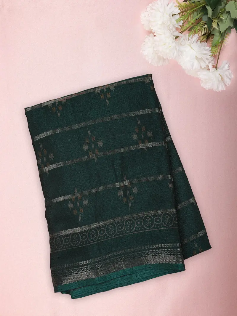 Deep Bottle Green Ikat Printed Design Mixed Cotton Saree With Zari Woven Border 1