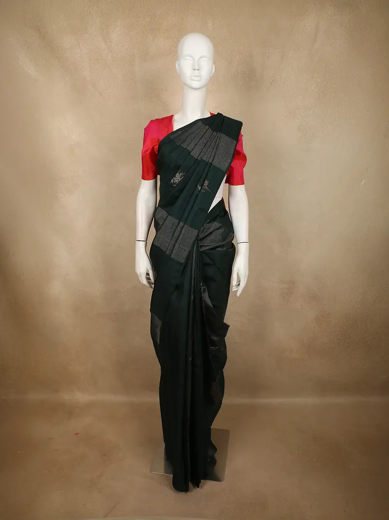 Deep Bottle Green Leaf Printed Zari Woven Design Pure Kanchipuram Silk Saree With Self Border 1