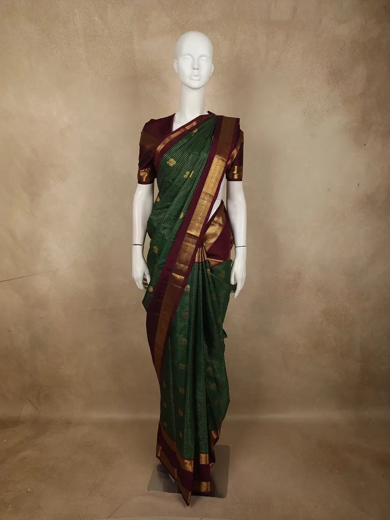 Deep Bottle Green Mini Checked And Butta Zari Woven Design Pure Kanchipuram Silk Saree With Contrast  Double Zari Border 1