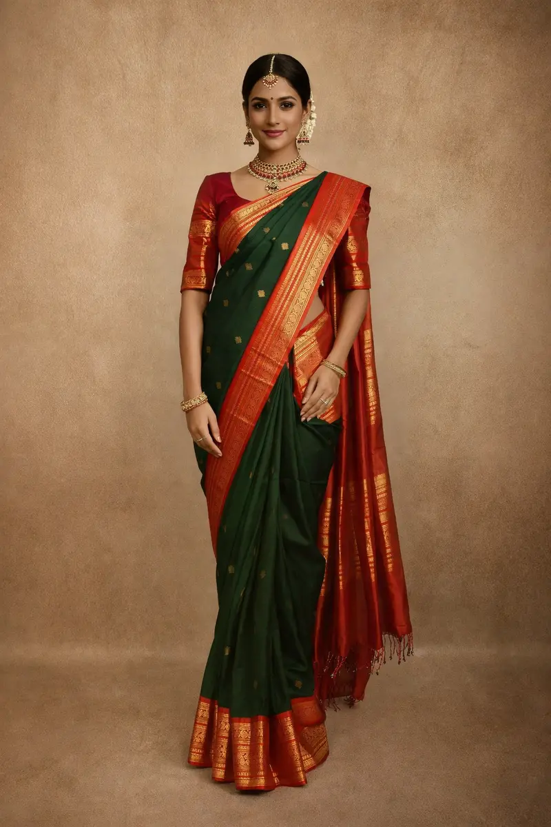 Deep Bottle Green Peacock Butta Zari Woven Design Pure Kanchipuram Silk Saree With Contrast Double Zari Border 1