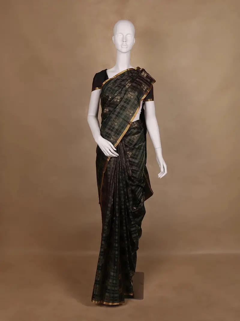 Deep Bottle Green Small Checked Peacock Motif Kanchipuram Silk Saree 1