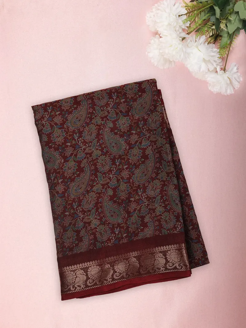 Deep Brick Maroon Floral And Paisley Printed Design Mixed Cotton Saree With Zari Woven Border 1