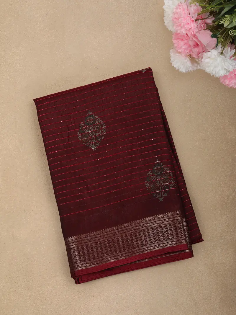Deep Brick Maroon Floral Butta Printed And Sequins Embroidered Design Mixed Cotton Saree With Zari Border 1