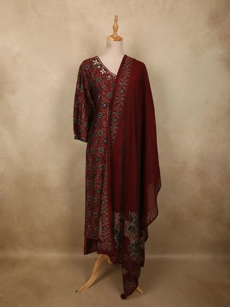 Deep Brick Maroon Floral Printed Design Cotton Salwar Suit With Dupatta 1