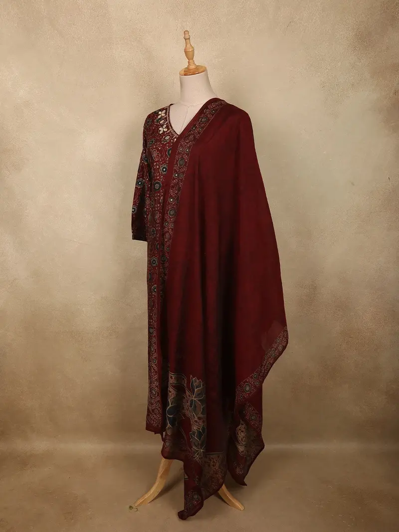 Deep Brick Maroon Floral Printed Design Cotton Salwar Suit With Dupatta 3