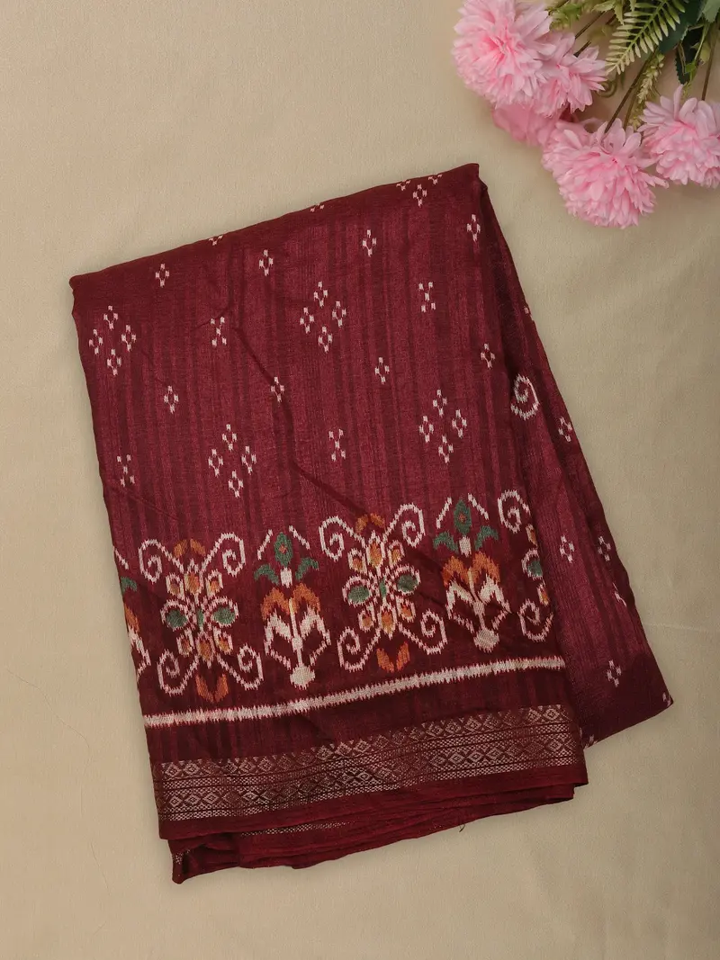 Deep Brick Maroon Ikat Printed Design Mixed Cotton Saree With Zari Border 1