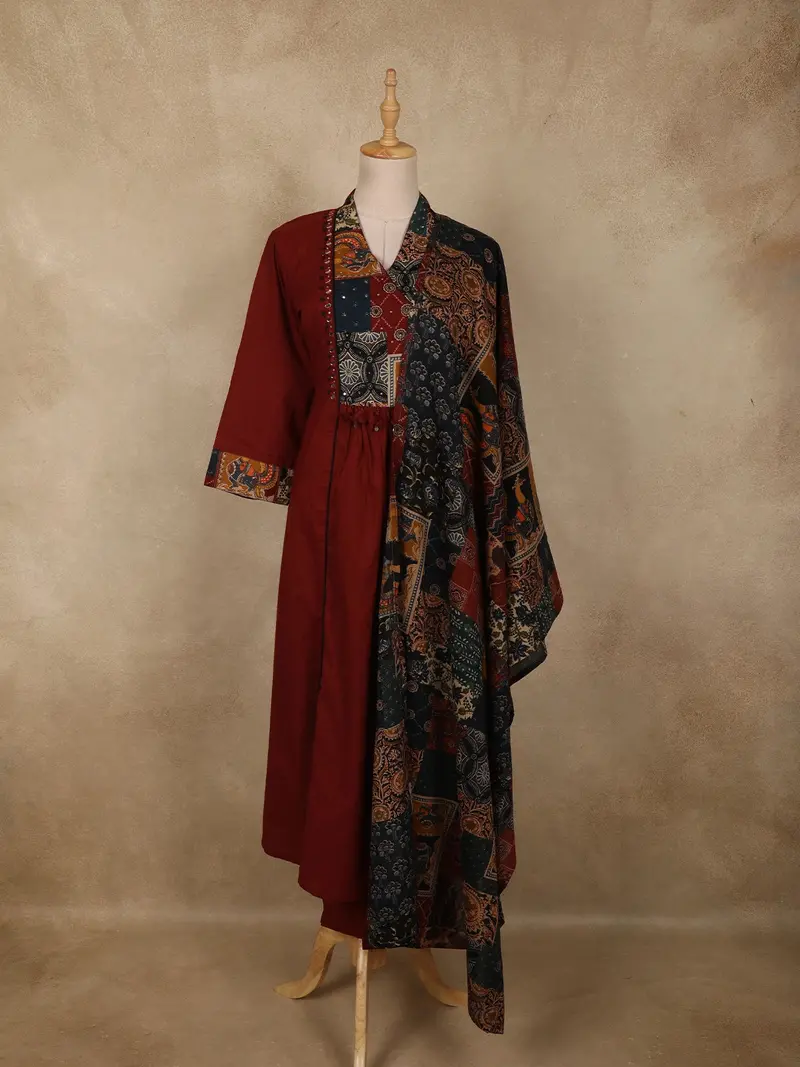 Deep Brick Red Abstract Printed Design Cotton Salwar Suit With Dupatta 1