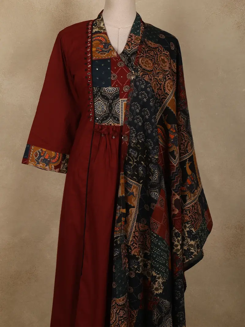 Deep Brick Red Abstract Printed Design Cotton Salwar Suit With Dupatta 2
