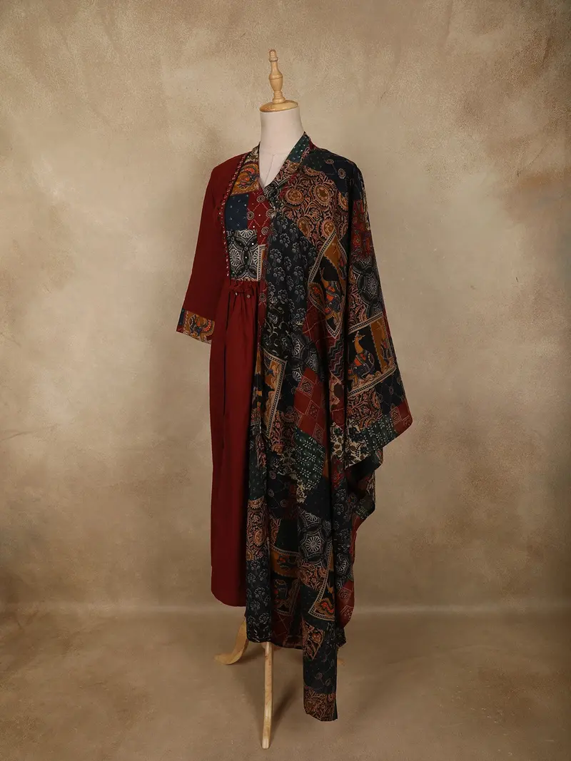 Deep Brick Red Abstract Printed Design Cotton Salwar Suit With Dupatta 3