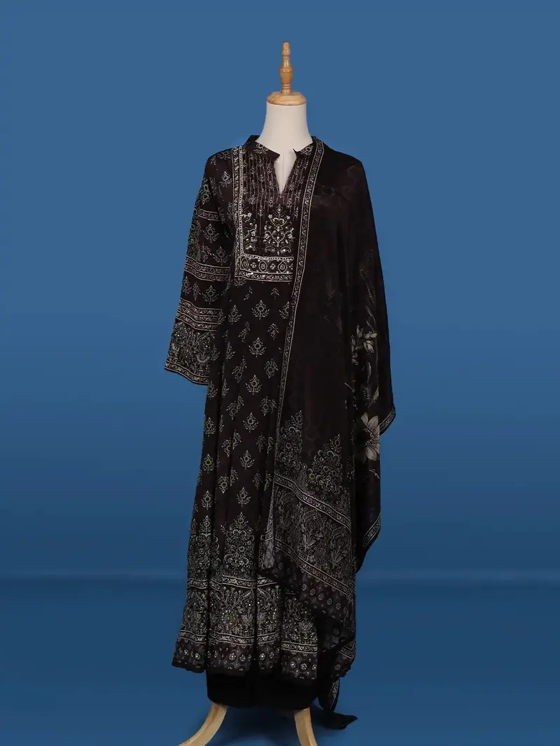 Deep Brown Floral Printed Semi Silk Salwar Suit 1