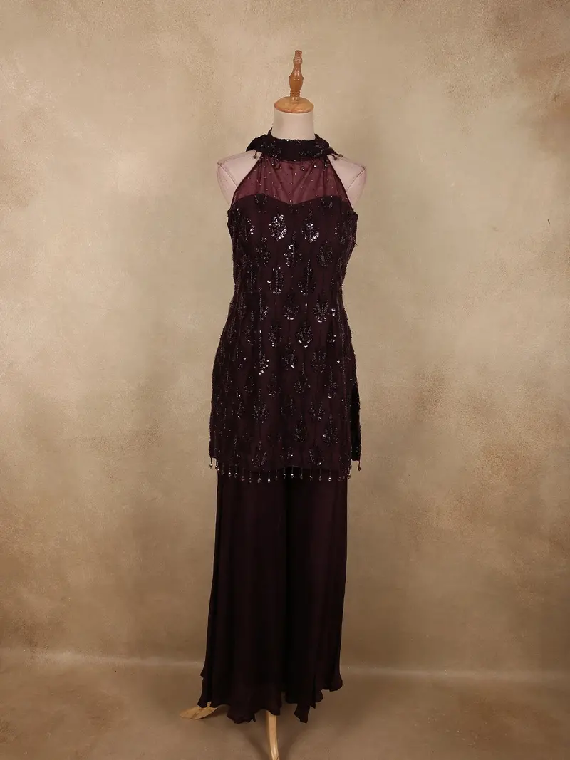Deep Burgundy Wine Heavy Sequins And Beads Embroidered Design Net Palazzo Suit With Dupatta 1