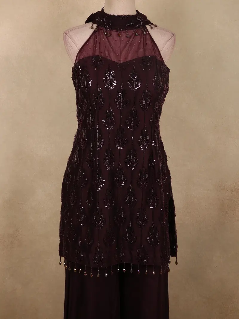 Deep Burgundy Wine Heavy Sequins And Beads Embroidered Design Net Palazzo Suit With Dupatta 2