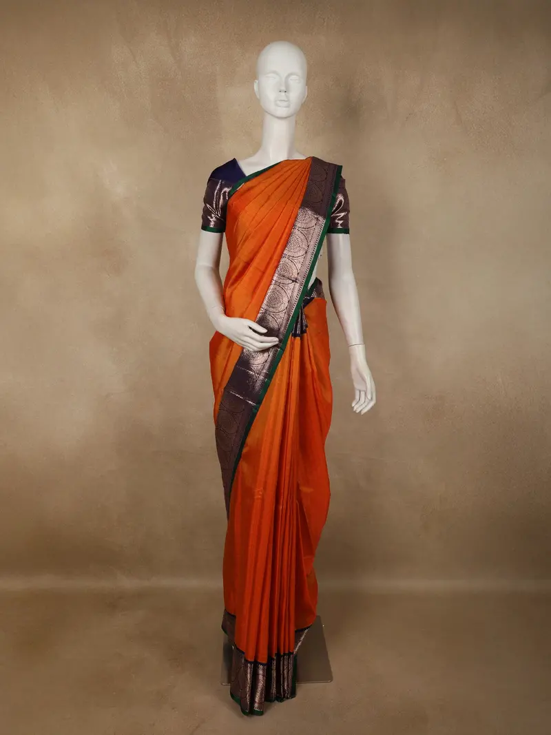 Deep Burnt Orange Checked Woven Design Pure Kanchipuram Silk Saree With Contrast Zari Border 1
