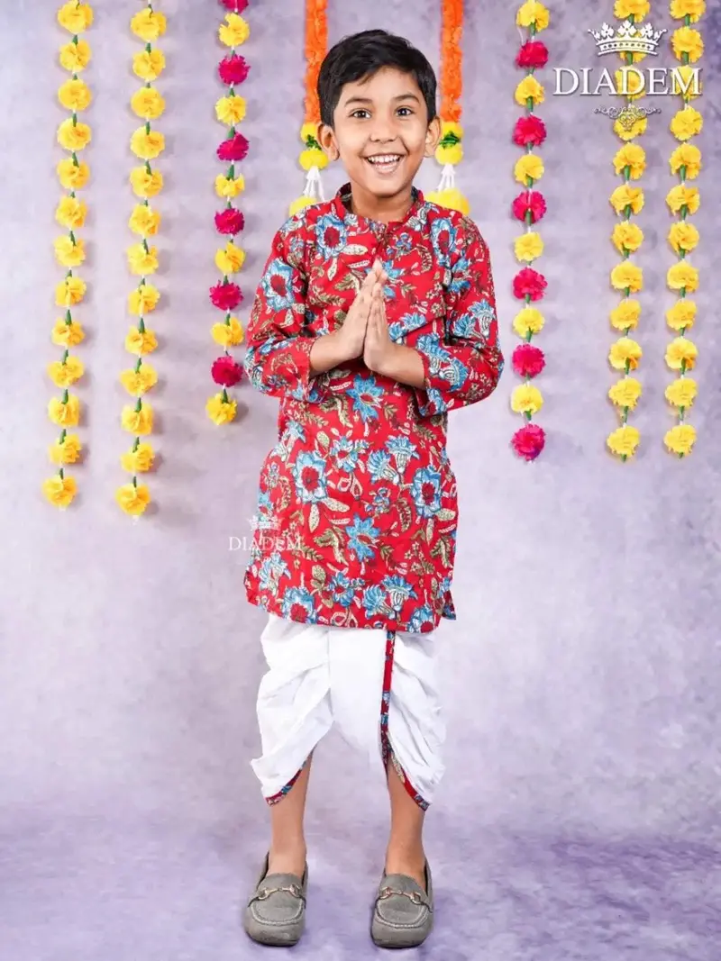 Deep Carmine Kurta Adorned In Floral Prints And Paired With Off White Dhoti Pants 1