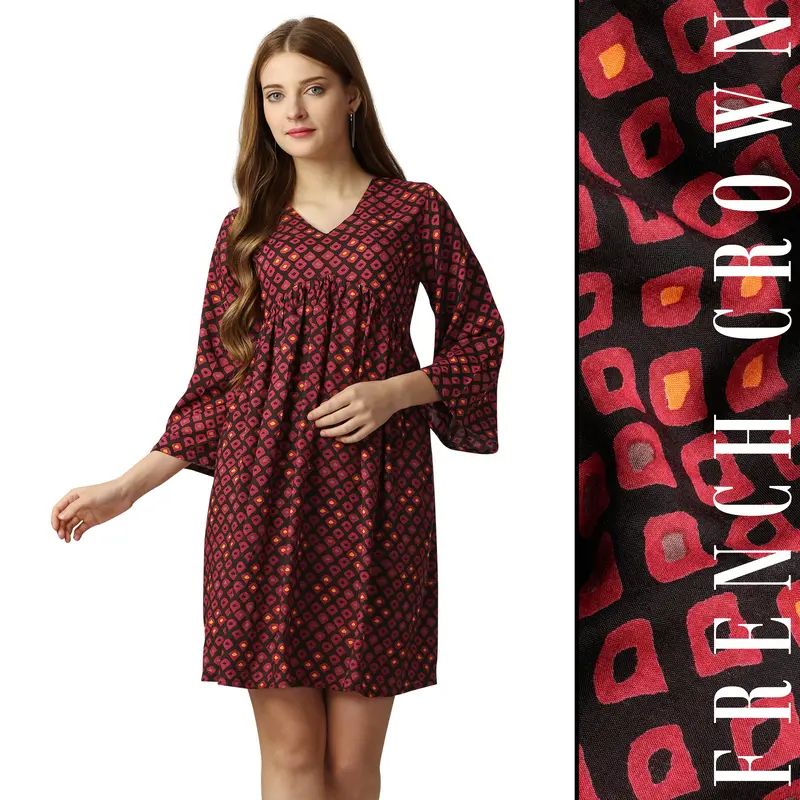 Deep Carmine Red With Jade Black Printed Dress 1