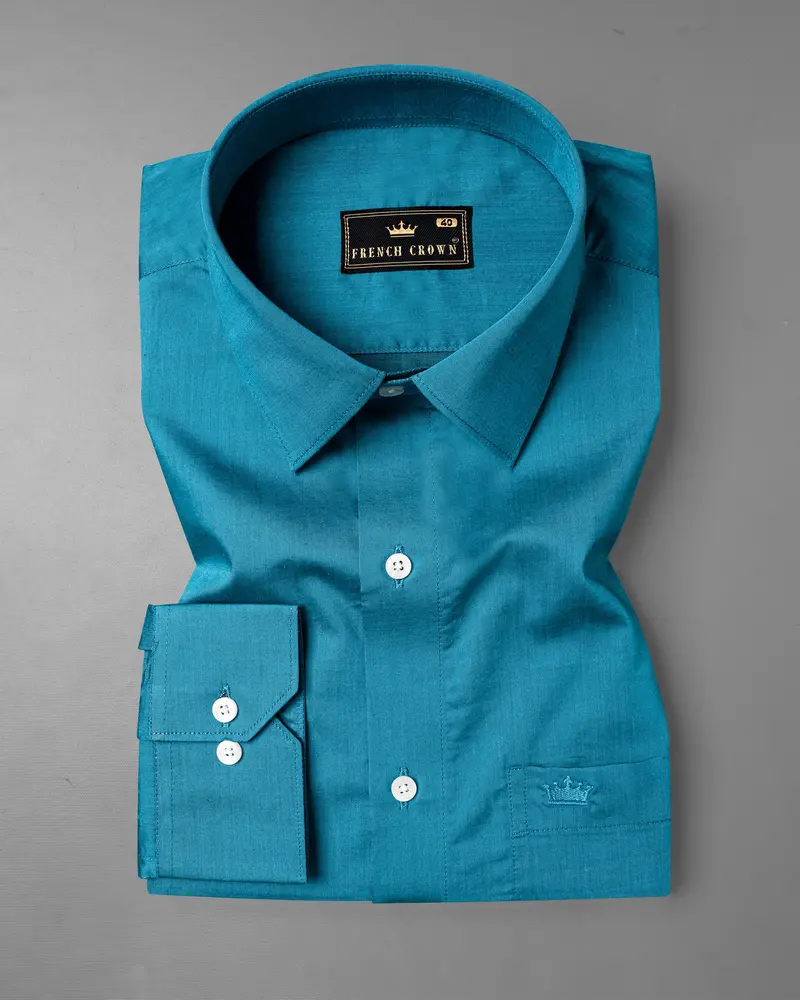 Deep Cerulean Blue Chambray Textured Premium Cotton Shirt 3