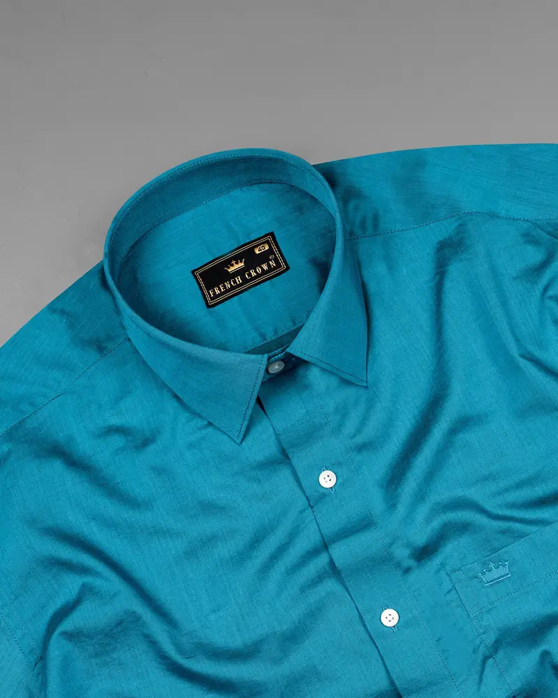 Deep Cerulean Blue Chambray Textured Premium Cotton Shirt 4